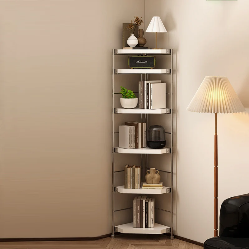 Modern Minimalist Particleboard & Steel Triangle Corner Shelf Unit With 4-Tiers For Living Room And Home Office