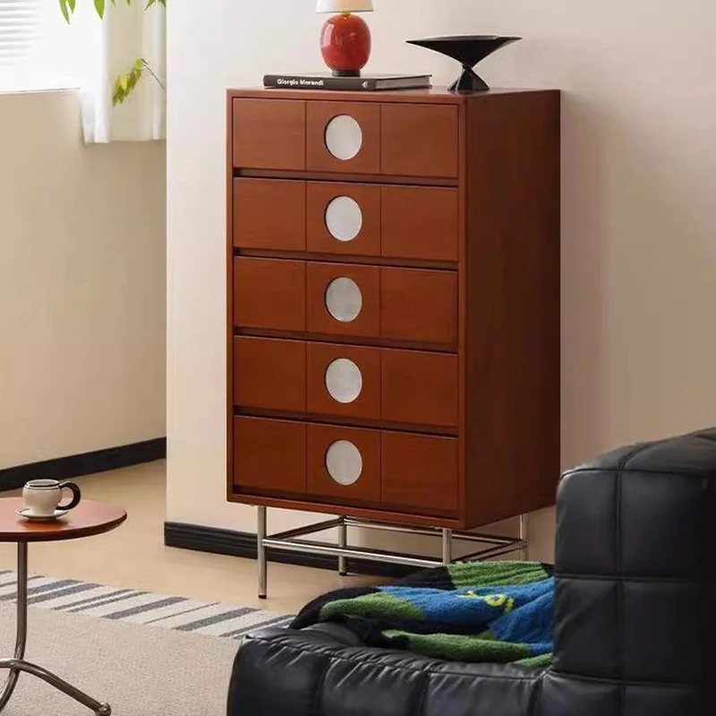 Contemporary Retro Stainless Steel Pine Wood Solid Wood Multi-Layer Board Rectangular Storage Cabinet 5-Drawer For Living Room