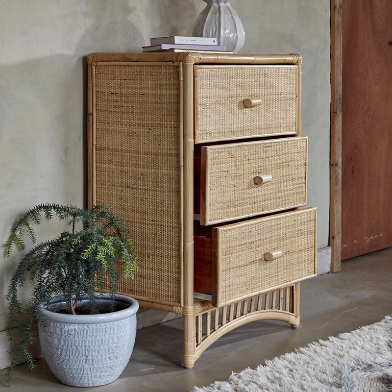 Contemporary Boho Natural Rattan Wooden Storage Cabinet - Rectangular 3-Drawer Handwoven Indonesian Rattan Storage Unit For Living Room
