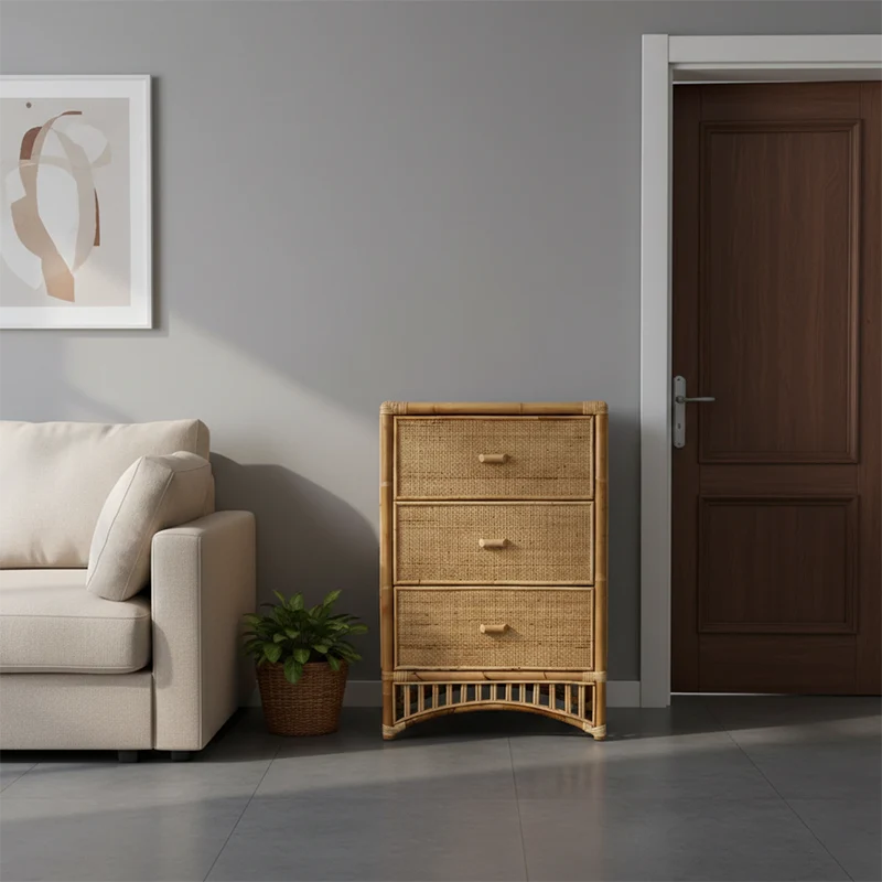 Contemporary Boho Natural Rattan Wooden Storage Cabinet - Rectangular 3-Drawer Handwoven Indonesian Rattan Storage Unit For Living Room