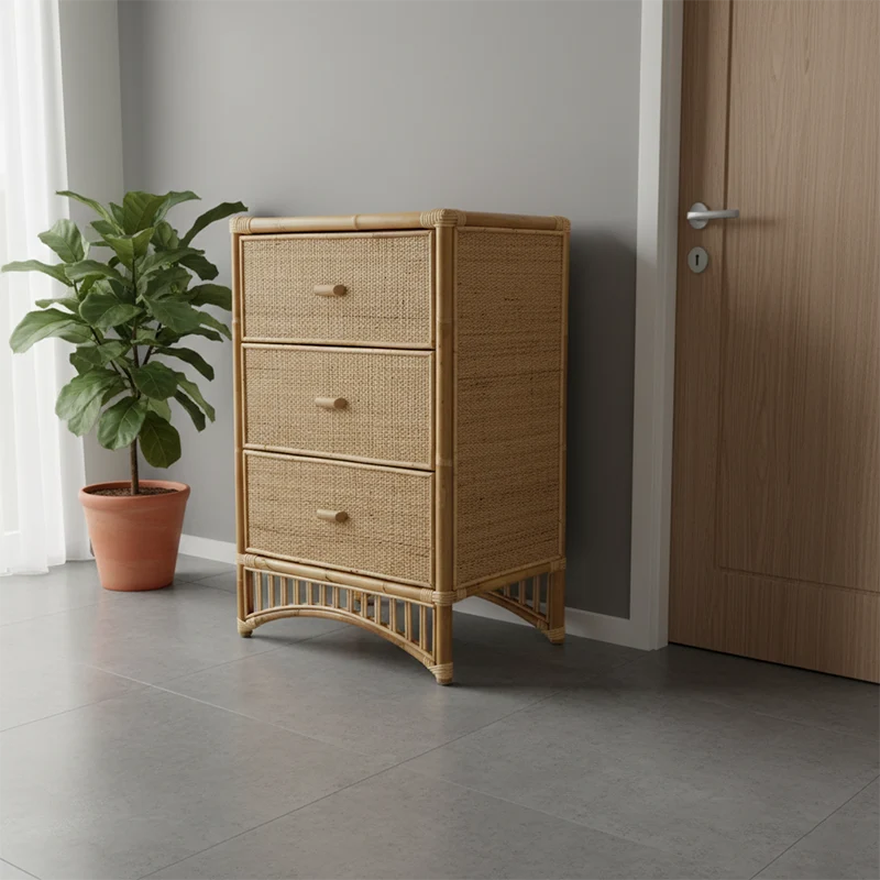 Contemporary Boho Natural Rattan Wooden Storage Cabinet - Rectangular 3-Drawer Handwoven Indonesian Rattan Storage Unit For Living Room