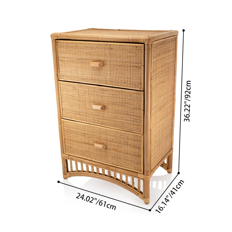 Contemporary Boho Natural Rattan Wooden Storage Cabinet - Rectangular 3-Drawer Handwoven Indonesian Rattan Storage Unit For Living Room