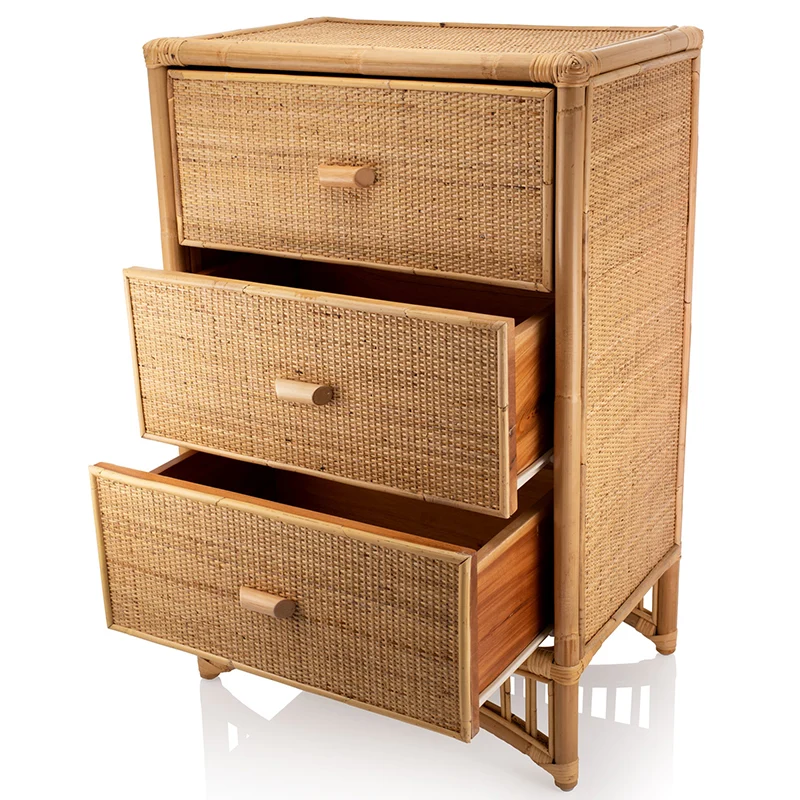 Contemporary Boho Natural Rattan Wooden Storage Cabinet - Rectangular 3-Drawer Handwoven Indonesian Rattan Storage Unit For Living Room