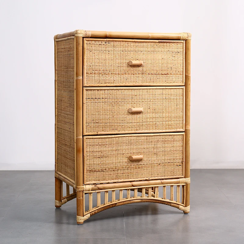 Contemporary Boho Natural Rattan Wooden Storage Cabinet - Rectangular 3-Drawer Handwoven Indonesian Rattan Storage Unit For Living Room