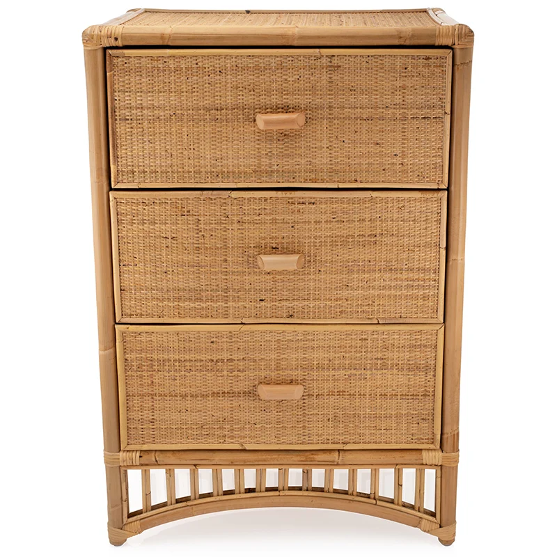 Contemporary Boho Natural Rattan Wooden Storage Cabinet - Rectangular 3-Drawer Handwoven Indonesian Rattan Storage Unit For Living Room