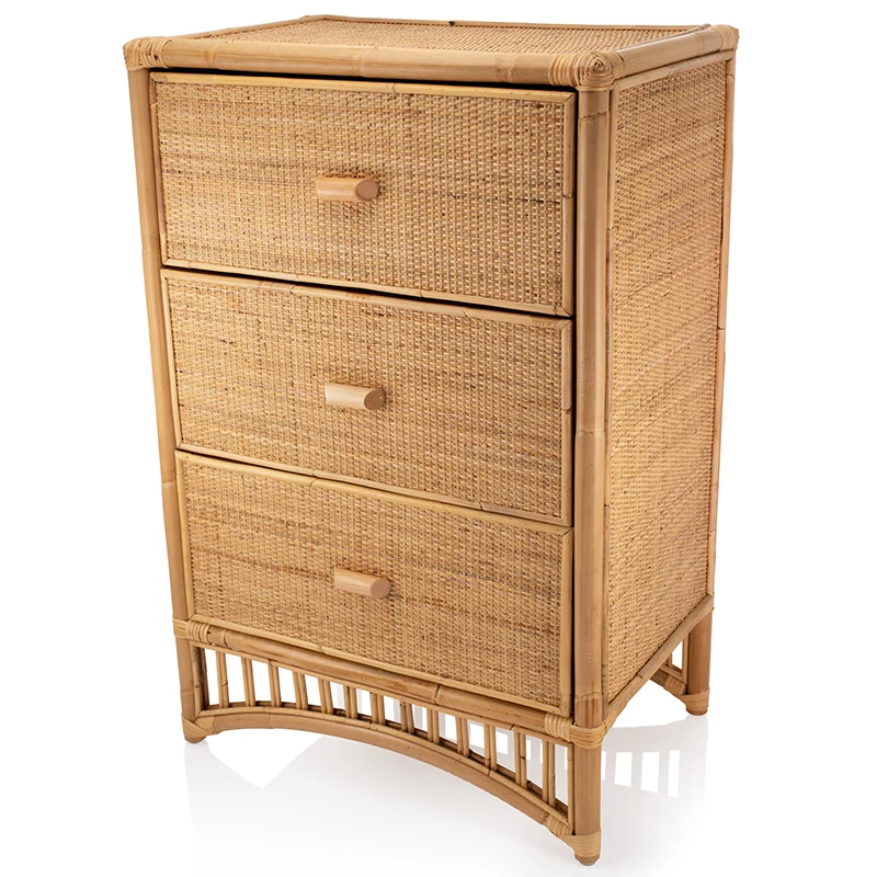 Contemporary Boho Natural Rattan Wooden Storage Cabinet - Rectangular 3-Drawer Handwoven Indonesian Rattan Storage Unit For Living Room
