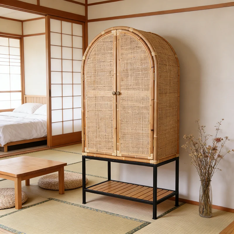 Contemporary Boho Handwoven Indonesian Rattan Solid Wood Iron Storage Cabinet - Arched Cabinet With Breathable Woven For Living Room