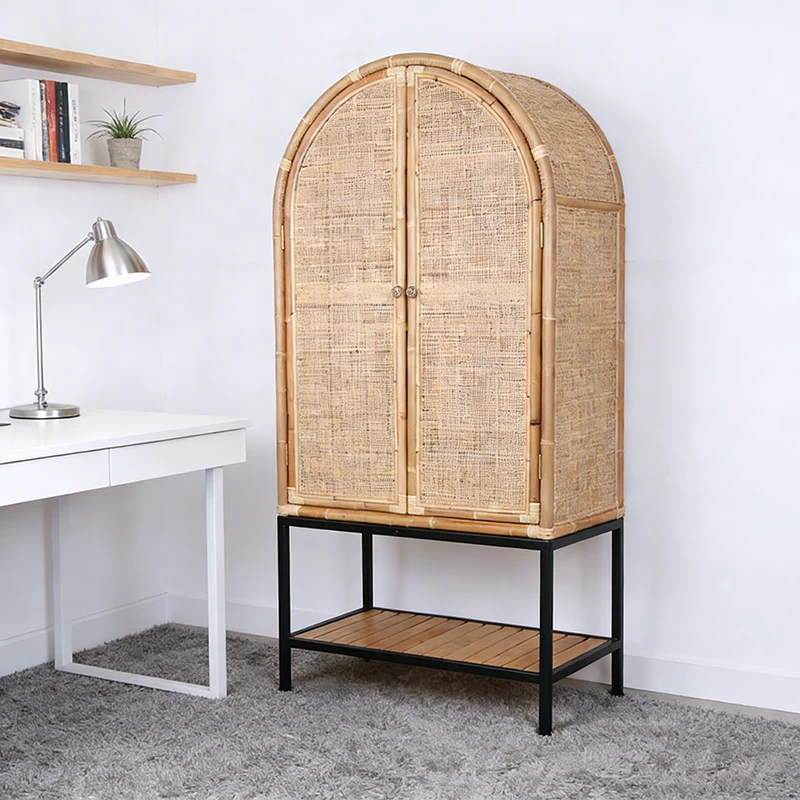 Contemporary Boho Handwoven Indonesian Rattan Solid Wood Iron Storage Cabinet - Arched Cabinet With Breathable Woven For Living Room