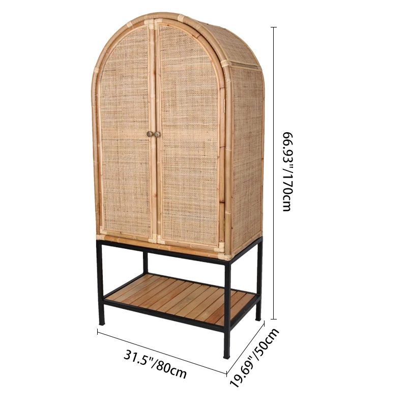 Contemporary Boho Handwoven Indonesian Rattan Solid Wood Iron Storage Cabinet - Arched Cabinet With Breathable Woven For Living Room