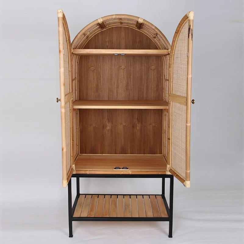 Contemporary Boho Handwoven Indonesian Rattan Solid Wood Iron Storage Cabinet - Arched Cabinet With Breathable Woven For Living Room