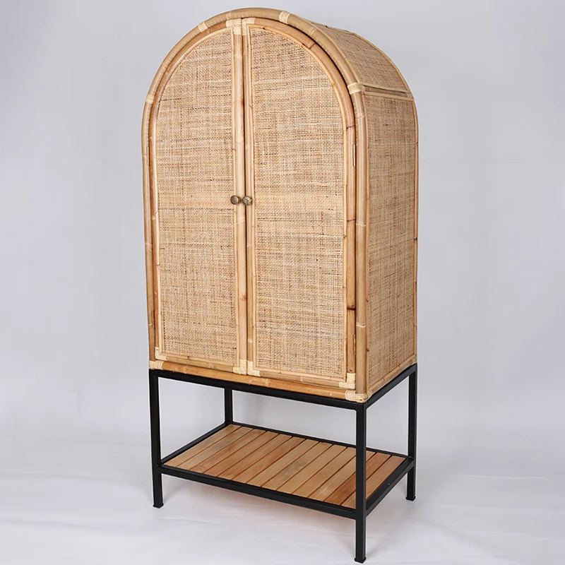 Contemporary Boho Handwoven Indonesian Rattan Solid Wood Iron Storage Cabinet - Arched Cabinet With Breathable Woven For Living Room