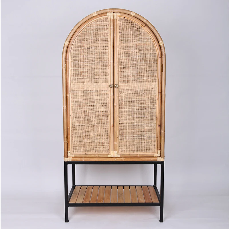Contemporary Boho Handwoven Indonesian Rattan Solid Wood Iron Storage Cabinet - Arched Cabinet With Breathable Woven For Living Room