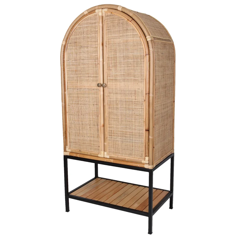 Contemporary Boho Handwoven Indonesian Rattan Solid Wood Iron Storage Cabinet - Arched Cabinet With Breathable Woven For Living Room