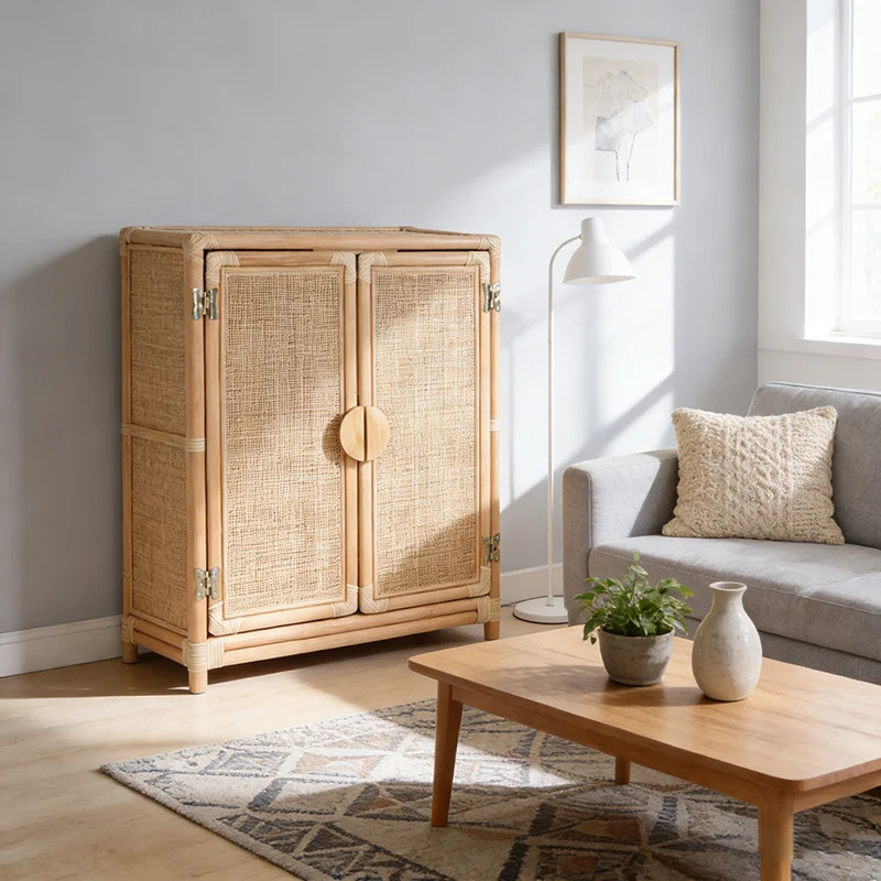 Contemporary Boho Handwoven Indonesian Rattan Solid Wood Storage Cabinet - Rectangular Low Profile Cabinet For Living Room
