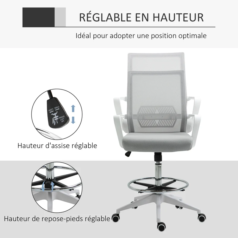 Fauteuil de bureau assise haute 64 x 59 x 104-124 cm réglable hauteur pivotant 360° contemporain épuré en maille gris 21_0006159