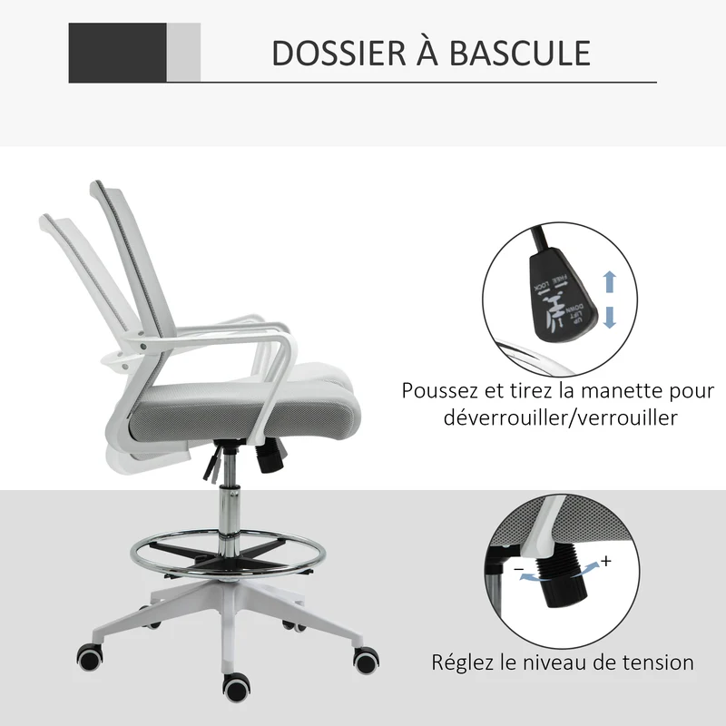 Fauteuil de bureau assise haute 64 x 59 x 104-124 cm réglable hauteur pivotant 360° contemporain épuré en maille gris 21_0006159