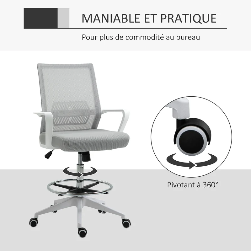 Fauteuil de bureau assise haute 64 x 59 x 104-124 cm réglable hauteur pivotant 360° contemporain épuré en maille gris 21_0006159