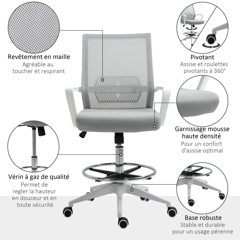 Fauteuil de bureau assise haute 64 x 59 x 104-124 cm réglable hauteur pivotant 360° contemporain épuré en maille gris 21_0006159
