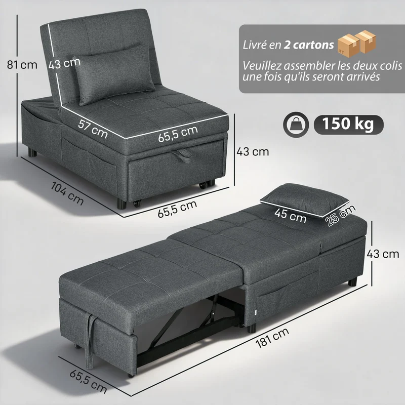 Fauteuil convertible 1 place lit 65.5 x 104 x 81 cm assise rembourrée dossier réglable contemporain en polyester gris 21_0003152