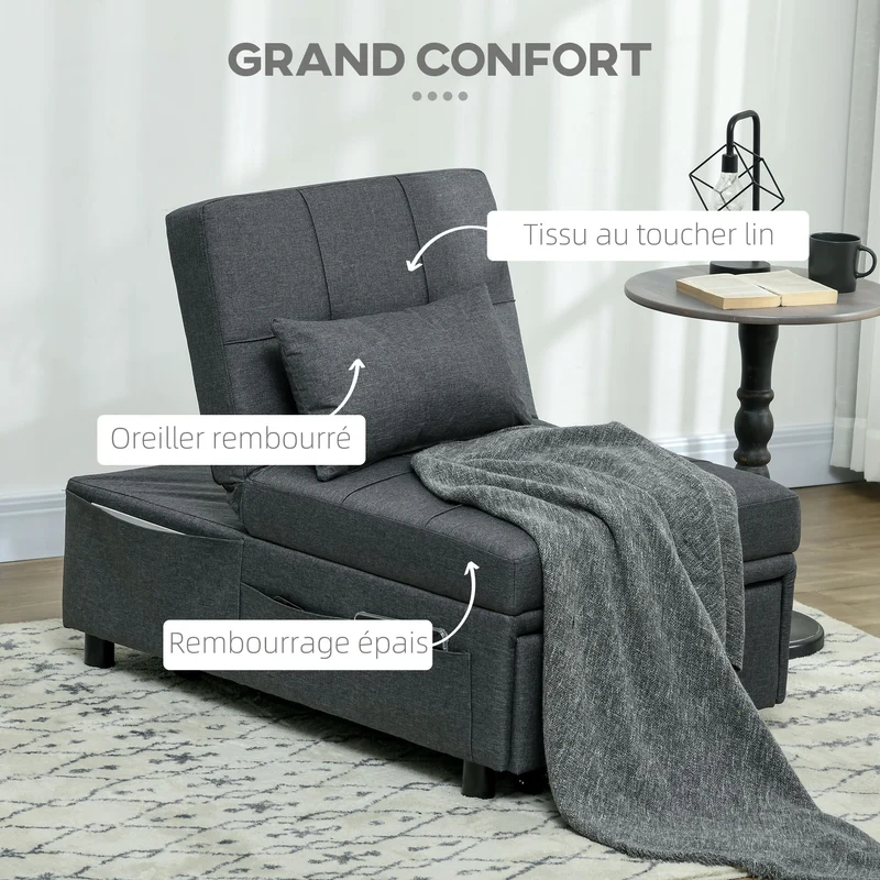 Fauteuil convertible 1 place lit 65.5 x 104 x 81 cm assise rembourrée dossier réglable contemporain en polyester gris 21_0003152