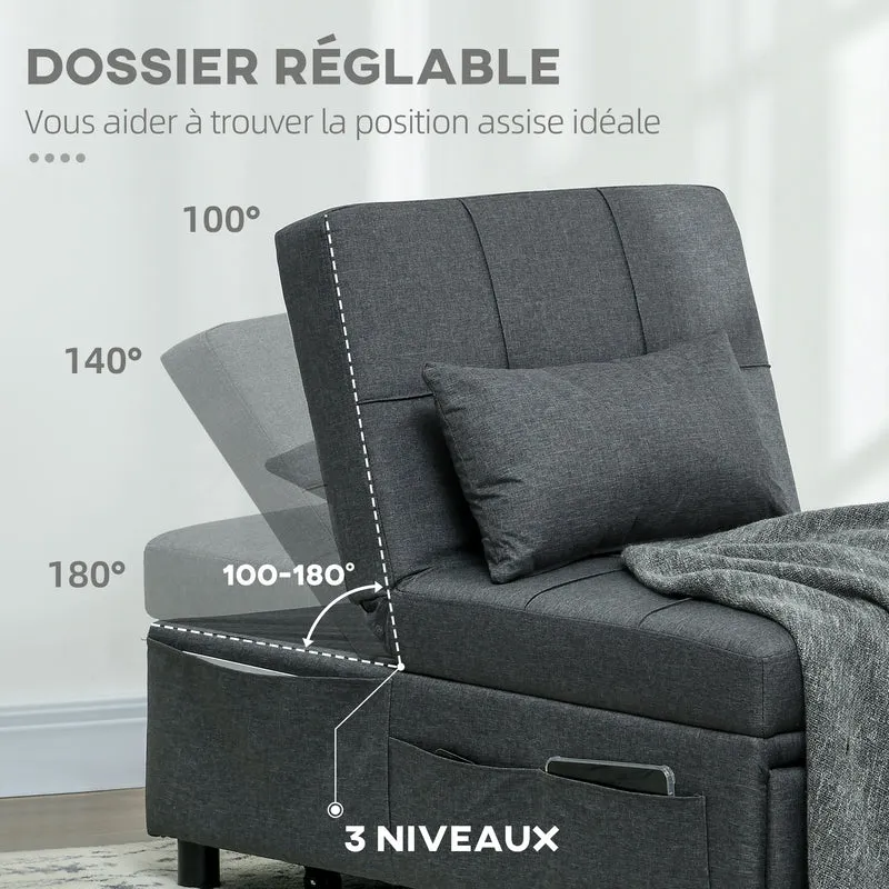 Fauteuil convertible 1 place lit 65.5 x 104 x 81 cm assise rembourrée dossier réglable contemporain en polyester gris 21_0003152