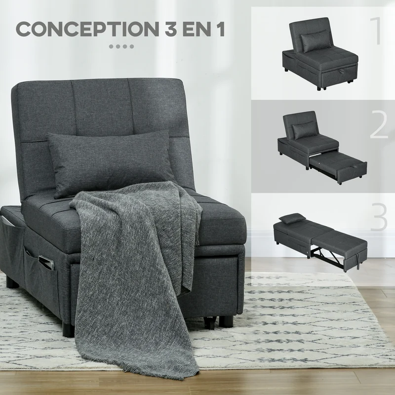 Fauteuil convertible 1 place lit 65.5 x 104 x 81 cm assise rembourrée dossier réglable contemporain en polyester gris 21_0003152