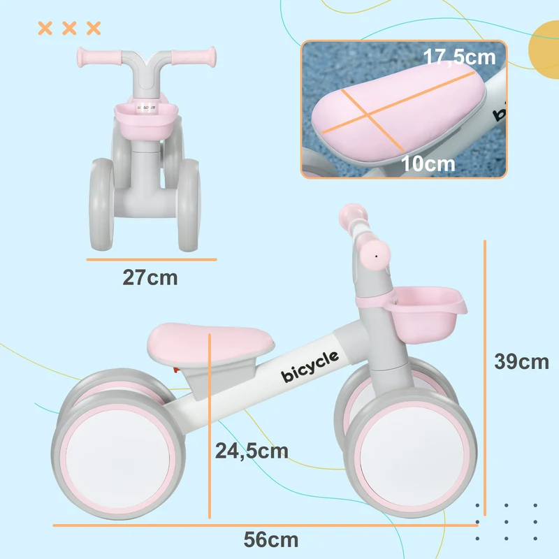 Draisienne vélo d'équilibre 1 à 3 ans 56 x 27 x 39 cm selle réglable stabilité optimale 4 roues moderne épuré en PP rose 21_0000565