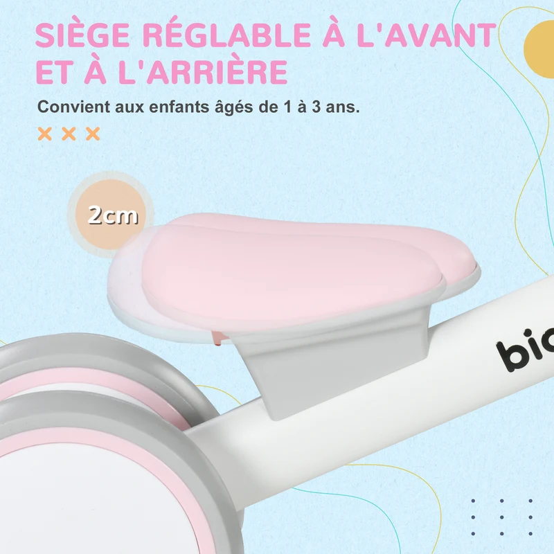 Draisienne vélo d'équilibre 1 à 3 ans 56 x 27 x 39 cm selle réglable stabilité optimale 4 roues moderne épuré en PP rose 21_0000565
