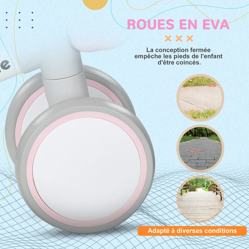 Draisienne vélo d'équilibre 1 à 3 ans 56 x 27 x 39 cm selle réglable stabilité optimale 4 roues moderne épuré en PP rose 21_0000565