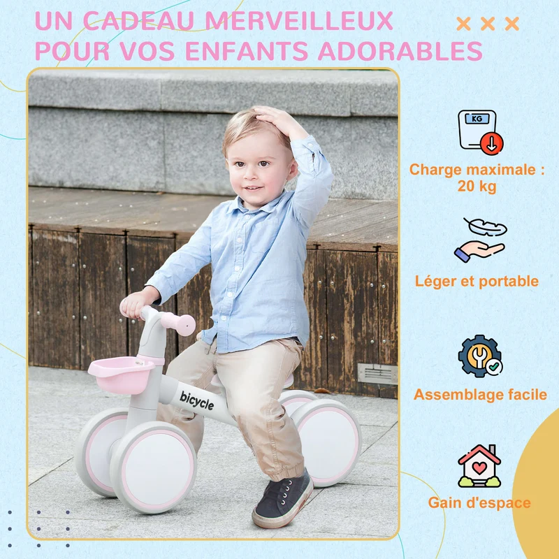 Draisienne vélo d'équilibre 1 à 3 ans 56 x 27 x 39 cm selle réglable stabilité optimale 4 roues moderne épuré en PP rose 21_0000565
