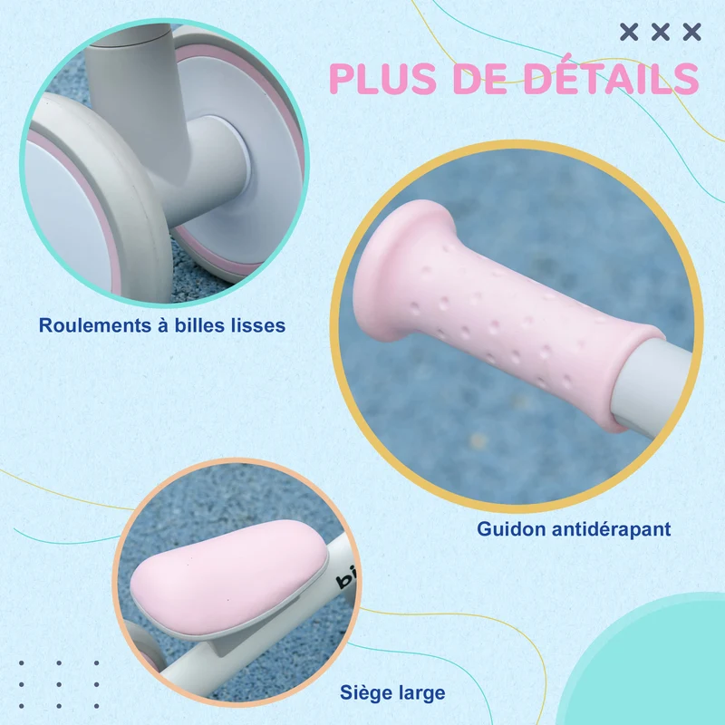 Draisienne vélo d'équilibre 1 à 3 ans 56 x 27 x 39 cm selle réglable stabilité optimale 4 roues moderne épuré en PP rose 21_0000565