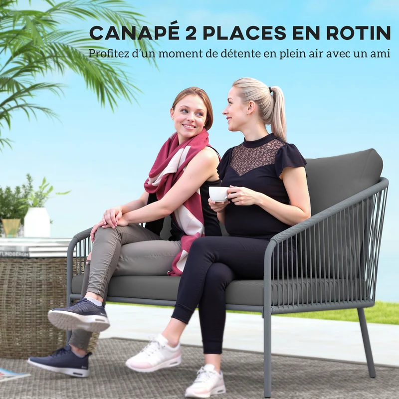 Canapé de jardin 2 places 112 x 72 x 76 cm coussins amovibles moelleux résistant aux uv tendance en résine tressée gris 21_0005982