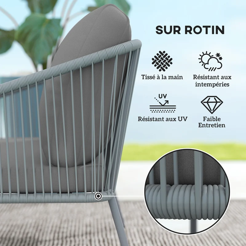 Canapé de jardin 2 places 112 x 72 x 76 cm coussins amovibles moelleux résistant aux uv tendance en résine tressée gris 21_0005982