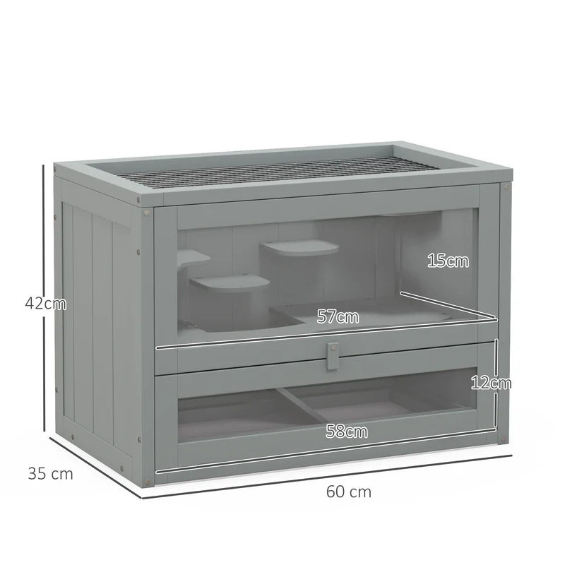 Cage pour hamsters souris à étages 60 x 35 x 42 cm avec rampe et plateformes toit ouvrant scandinave épuré en bois gris 21_0007857