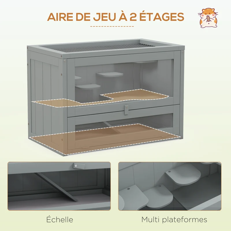 Cage pour hamsters souris à étages 60 x 35 x 42 cm avec rampe et plateformes toit ouvrant scandinave épuré en bois gris 21_0007857