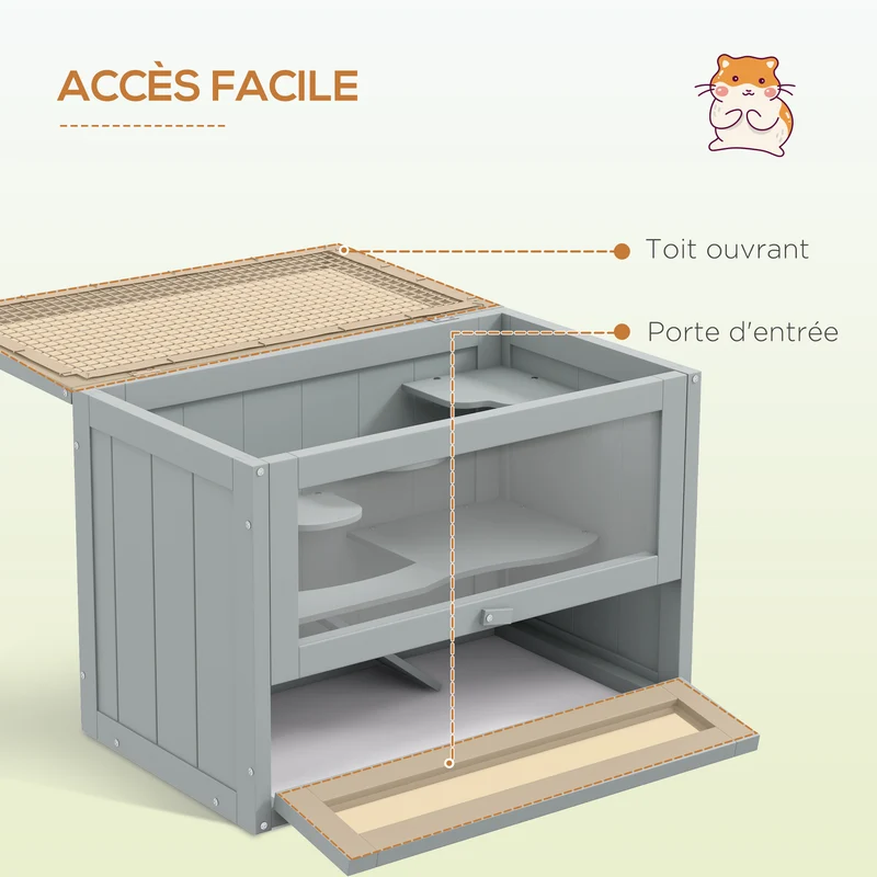 Cage pour hamsters souris à étages 60 x 35 x 42 cm avec rampe et plateformes toit ouvrant scandinave épuré en bois gris 21_0007857