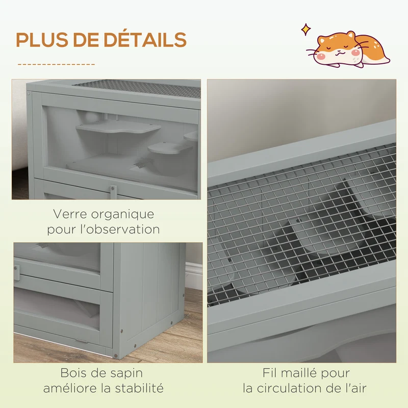 Cage pour hamsters souris à étages 60 x 35 x 42 cm avec rampe et plateformes toit ouvrant scandinave épuré en bois gris 21_0007857