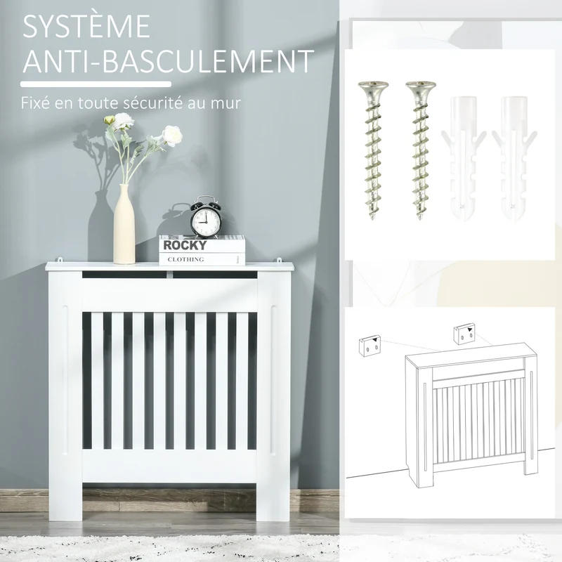 Cache-radiateur salon couloir 78 x 19 x 81 cm sécurité anti-brûlure rangement supérieur épuré contemporain en MDF blanc 21_0001101