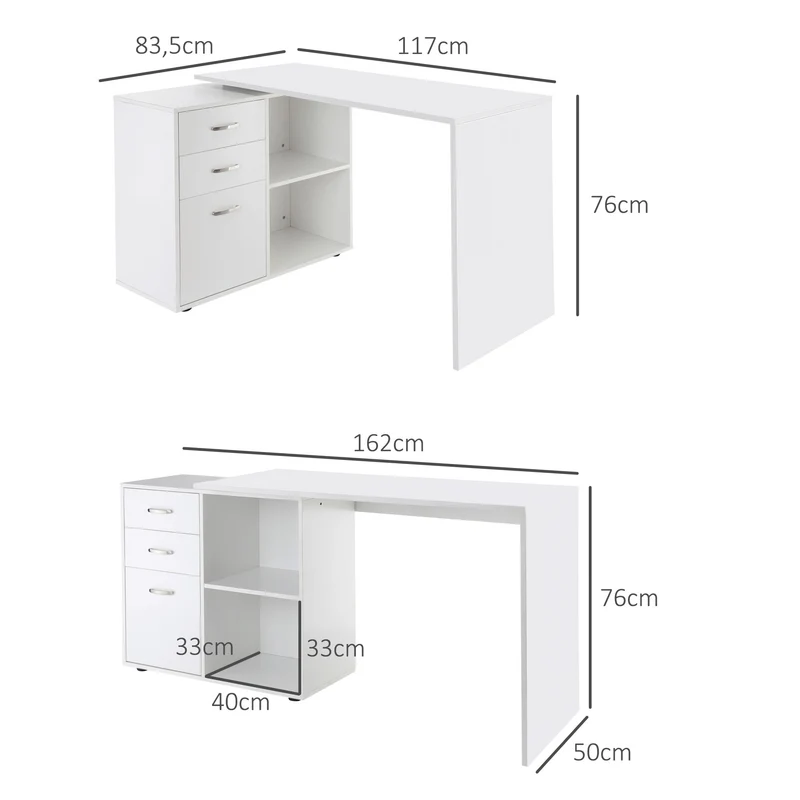 Bureau modulable angle ou droit informatique 117 x 83,5 x 76 cm rangement tiroirs 3 niches moderne design en MDF blanc 21_0006124
