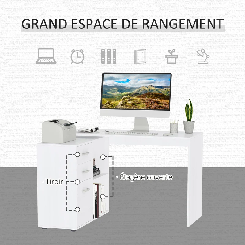 Bureau modulable angle ou droit informatique 117 x 83,5 x 76 cm rangement tiroirs 3 niches moderne design en MDF blanc 21_0006124