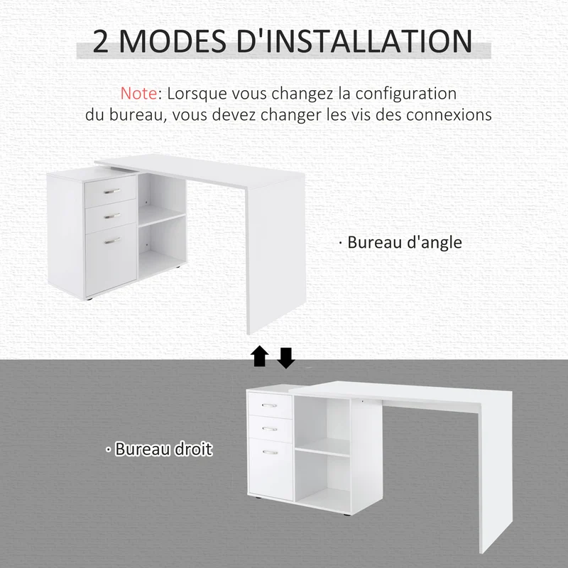 Bureau modulable angle ou droit informatique 117 x 83,5 x 76 cm rangement tiroirs 3 niches moderne design en MDF blanc 21_0006124
