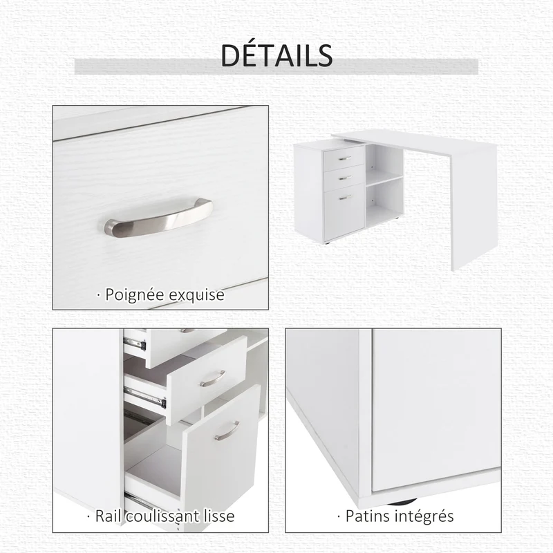 Bureau modulable angle ou droit informatique 117 x 83,5 x 76 cm rangement tiroirs 3 niches moderne design en MDF blanc 21_0006124