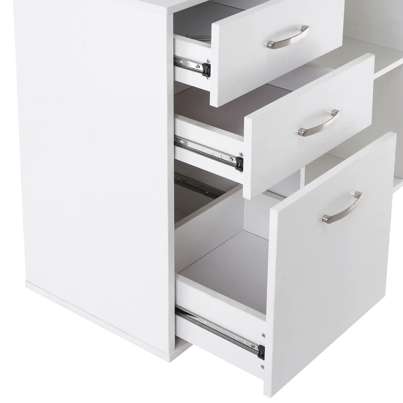 Bureau modulable angle ou droit informatique 117 x 83,5 x 76 cm rangement tiroirs 3 niches moderne design en MDF blanc 21_0006124