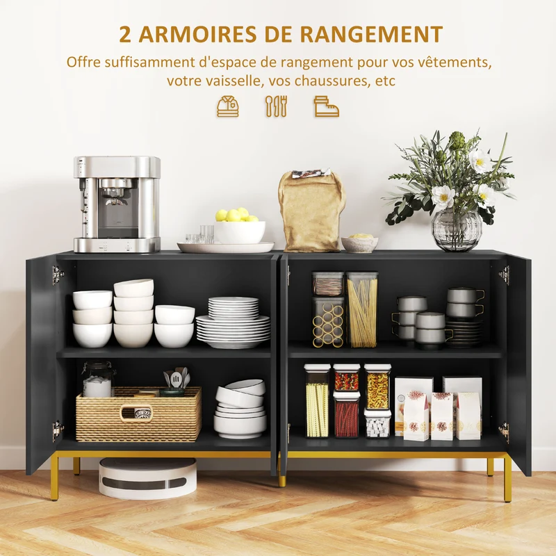 Buffet rangement 140 x 40 x 75 cm 2 portes étagères réglables plan de travail contemporain en panneau de particules noir 21_0003166