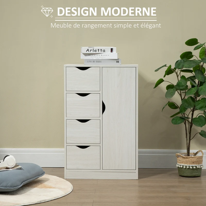 Buffet de rangement 54 x 29 x 83 cm 1 placard 4 tiroirs anti basculement scandinave épuré en panneau de particules blanc 21_0002835