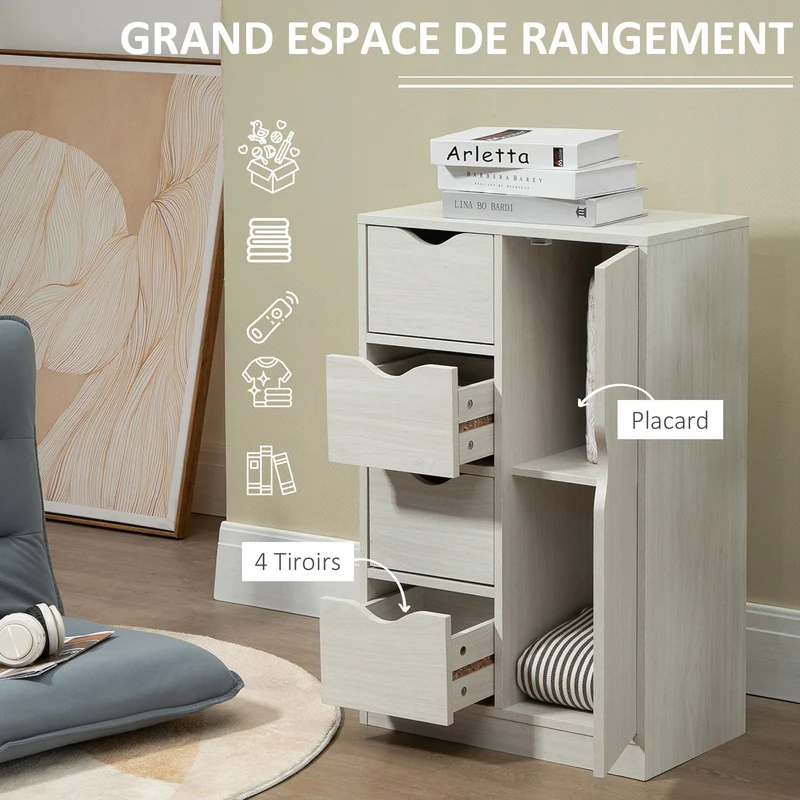 Buffet de rangement 54 x 29 x 83 cm 1 placard 4 tiroirs anti basculement scandinave épuré en panneau de particules blanc 21_0002835