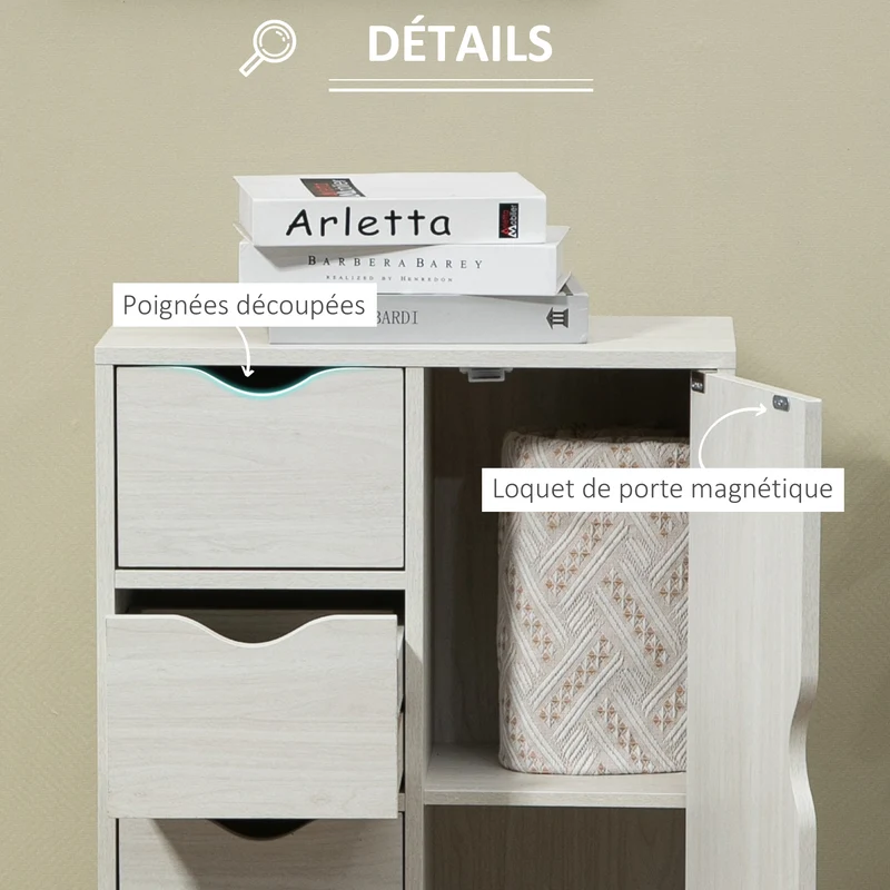 Buffet de rangement 54 x 29 x 83 cm 1 placard 4 tiroirs anti basculement scandinave épuré en panneau de particules blanc 21_0002835
