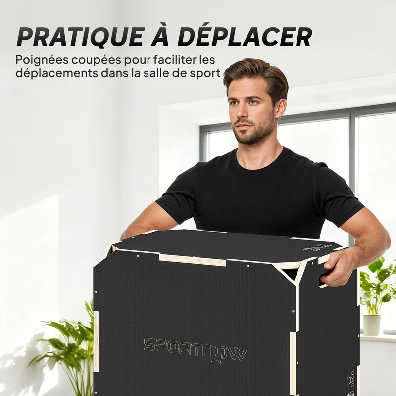 Boîte pliométrique 3 en 1 entraînement 61 x 51 x 41 cm antidérapant bords arrondis poignées épuré en contreplaqué noir 21_0006923