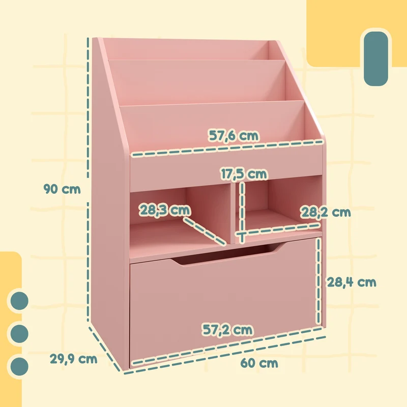 Bibliothèque étagère enfant 60 x 29.9 x 90 cm grand tiroir anti basculement pour chambre bureau scandinave en MDF rose 21_0000146