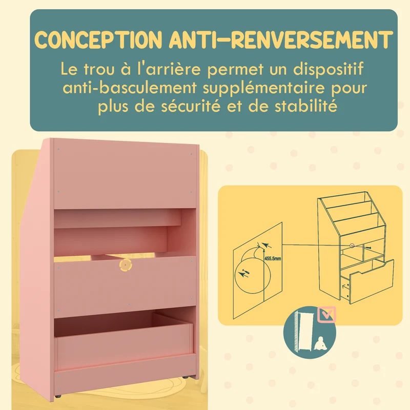 Bibliothèque étagère enfant 60 x 29.9 x 90 cm grand tiroir anti basculement pour chambre bureau scandinave en MDF rose 21_0000146